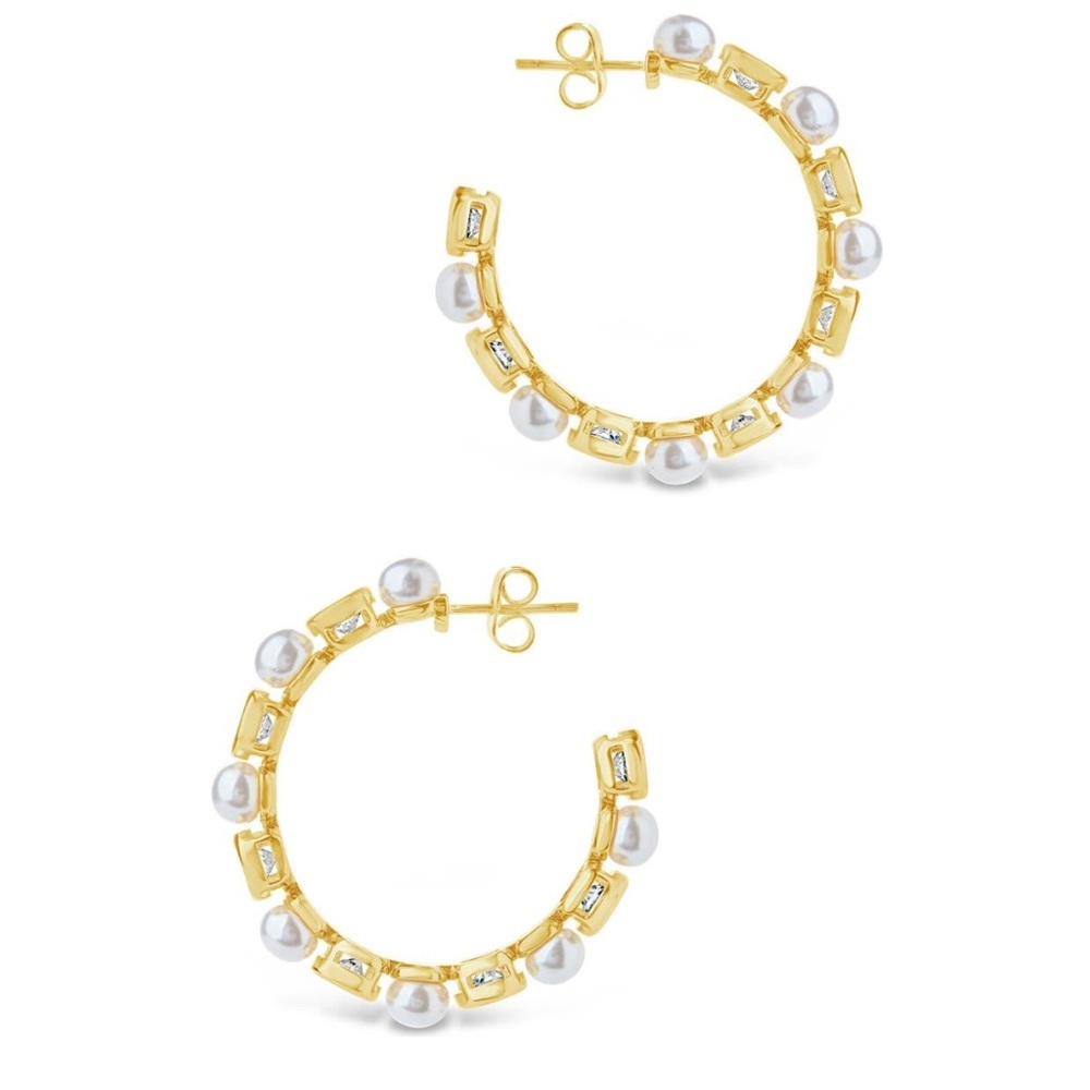 Sterling Silver Theodora 14K gold‎ plated cubic zirconia pearl Hoop Earrings - Picture 8 of 11